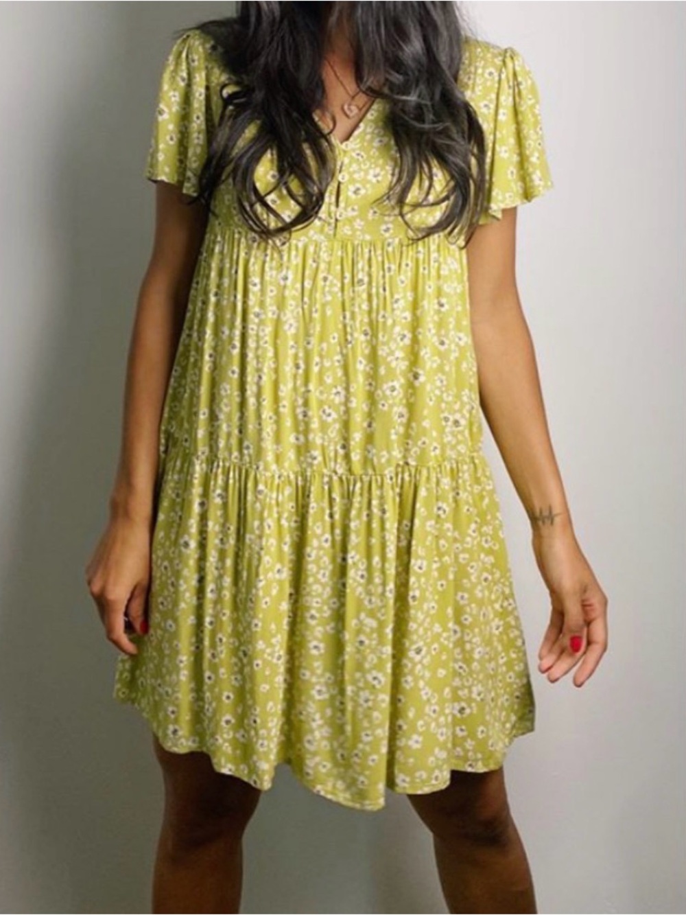 Final Touch Gree  Floral Tiered V-Neck Mini Dress